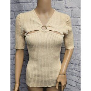 ANNA QUAN 10 M BEIGE RIBBED KNIT STRETCH CUT OUT METAL LOOP SLIM S/S SWEATER TOP